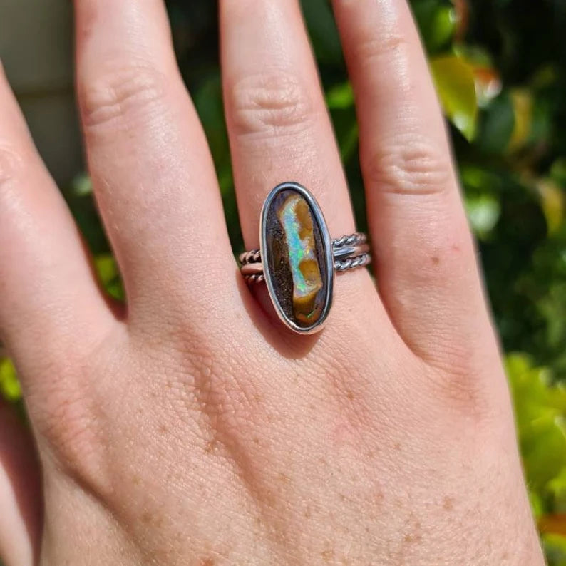 Pastel Rainbow Australian Boulder Opal Ring (8 1/2)