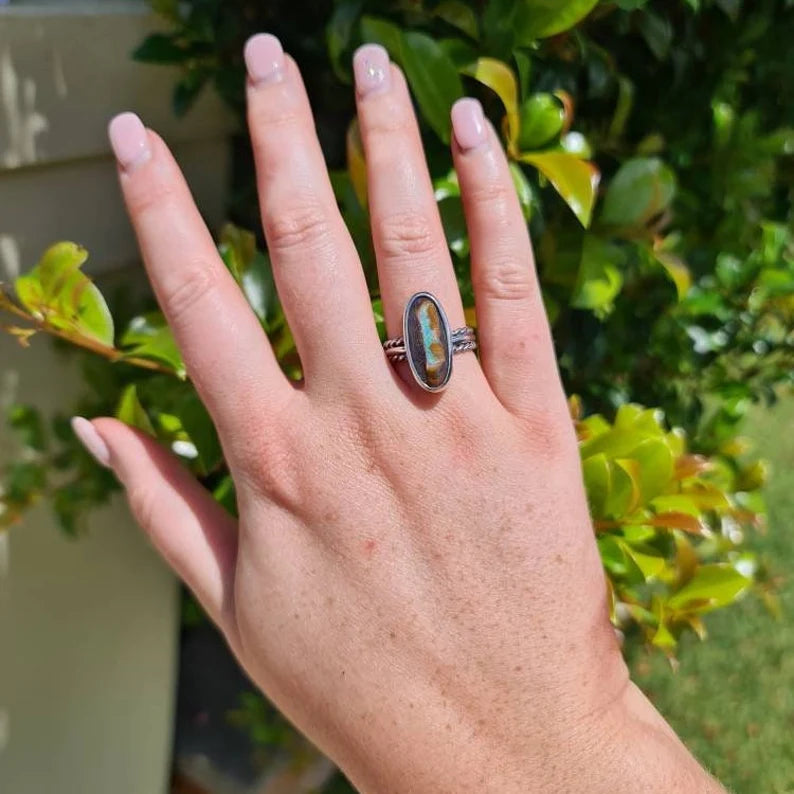 Pastel Rainbow Australian Boulder Opal Ring (8 1/2)